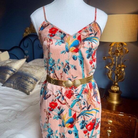 Pink 100% Silk Floral Bird Print Cami Dress - Picture 6 of 16